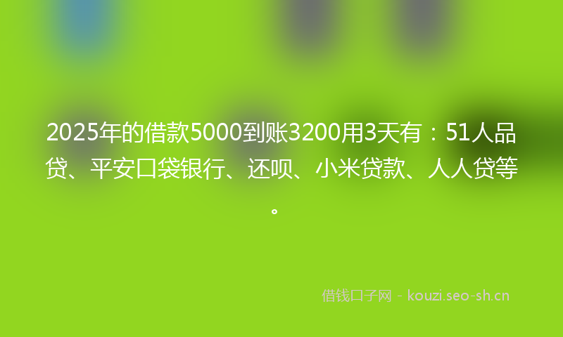 2025年的借款5000到账3200用3天有：51人品贷、平安口袋银行、还呗、小米贷款、人人贷等。