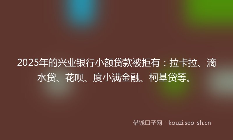 2025年的兴业银行小额贷款被拒有：拉卡拉、滴水贷、花呗、度小满金融、柯基贷等。