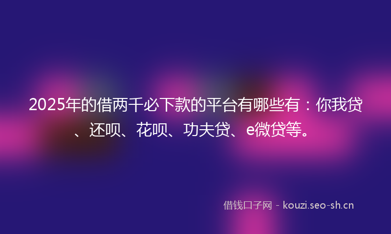 2025年的借两千必下款的平台有哪些有：你我贷、还呗、花呗、功夫贷、e微贷等。