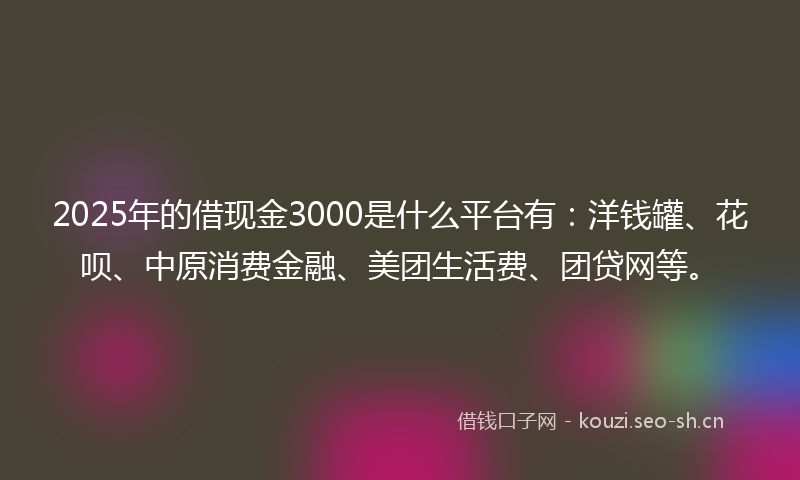 2025年的借现金3000是什么平台有：洋钱罐、花呗、中原消费金融、美团生活费、团贷网等。