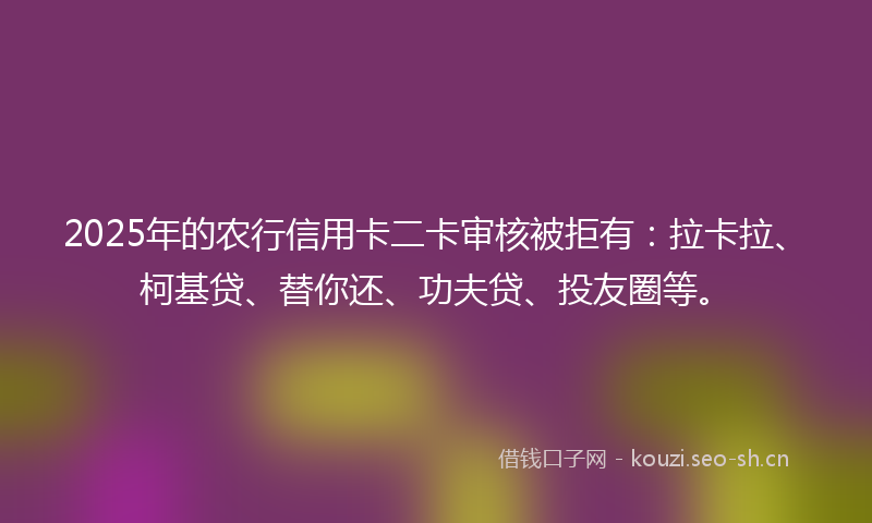 2025年的农行信用卡二卡审核被拒有：拉卡拉、柯基贷、替你还、功夫贷、投友圈等。