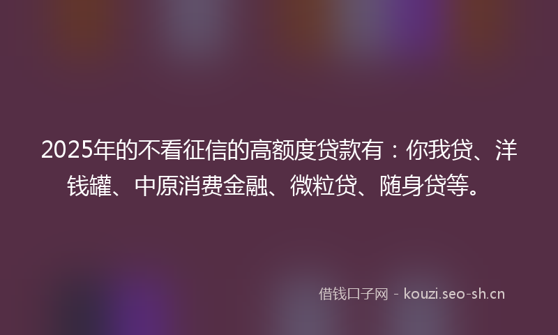 2025年的不看征信的高额度贷款有:你我贷、洋钱罐、中原消费金融、微粒贷、随身贷等。