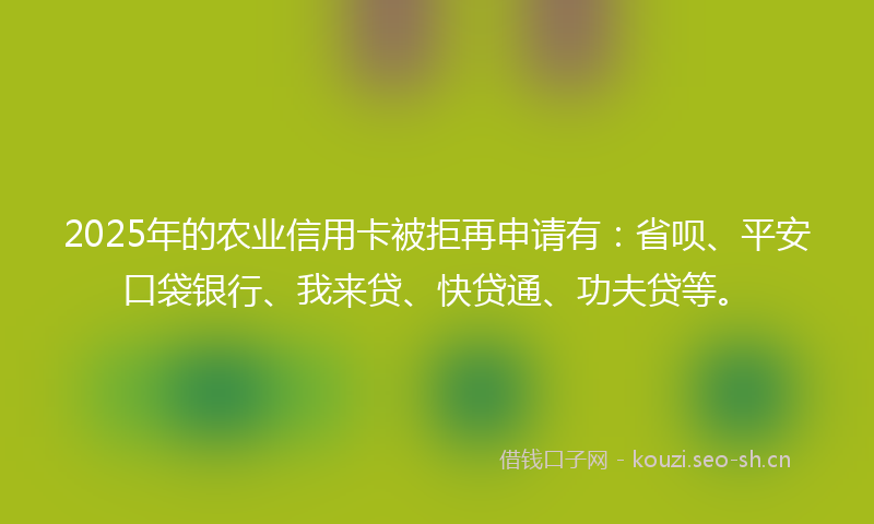 2025年的农业信用卡被拒再申请有:省呗、平安口袋银行、我来贷、快贷通、功夫贷等。