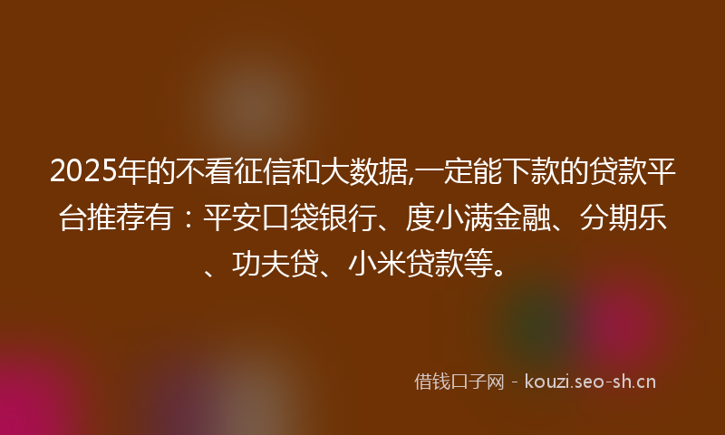 2025年的不看征信和大数据,一定能下款的贷款平台推荐有:平安口袋银行、度小满金融、分期乐、功夫贷、小米贷款等。