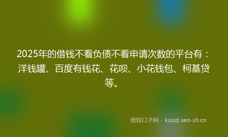 2025年的借钱不看负债不看申请次数的平台有：洋钱罐、百度有钱花、花呗、小花钱包、柯基贷等。