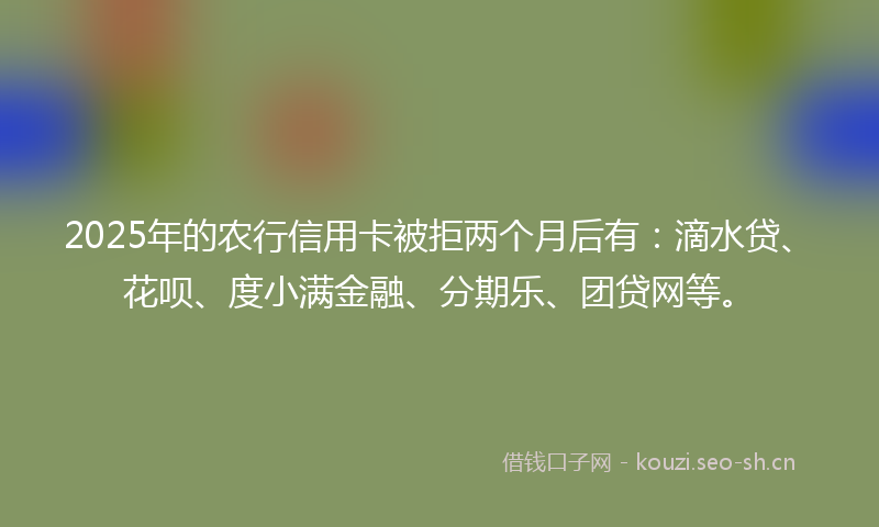 2025年的农行信用卡被拒两个月后有：滴水贷、花呗、度小满金融、分期乐、团贷网等。