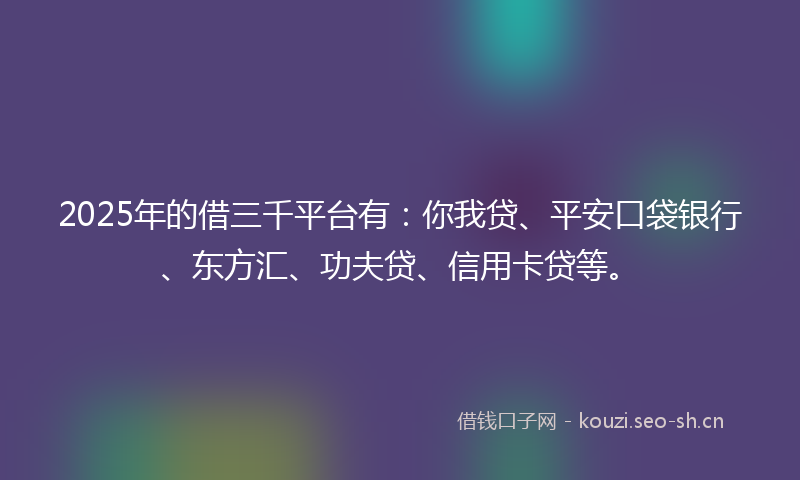 2025年的借三千平台有：你我贷、平安口袋银行、东方汇、功夫贷、信用卡贷等。