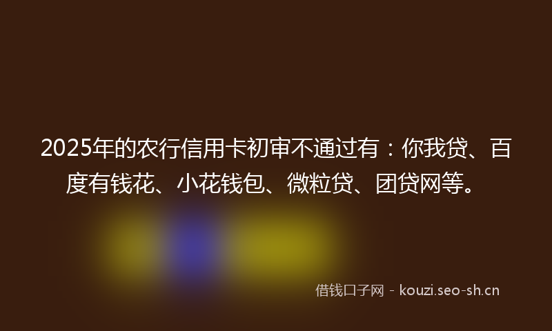 2025年的农行信用卡初审不通过有:你我贷、百度有钱花、小花钱包、微粒贷、团贷网等。
