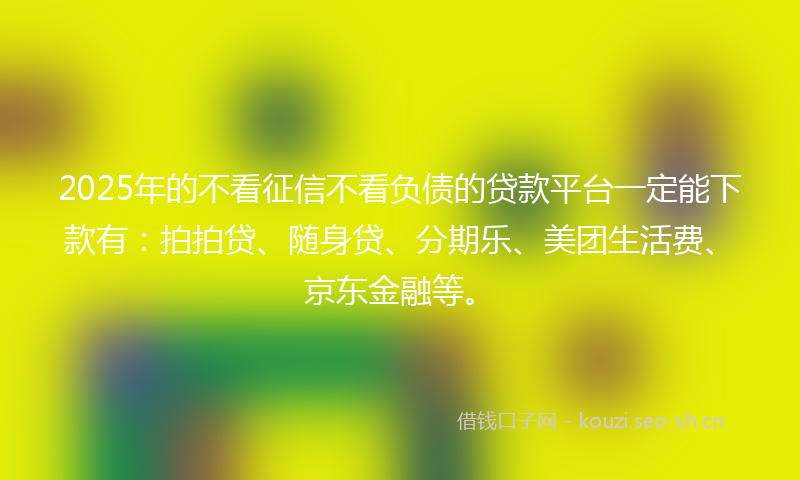 2025年的不看征信不看负债的贷款平台一定能下款有：拍拍贷、随身贷、分期乐、美团生活费、京东金融等。