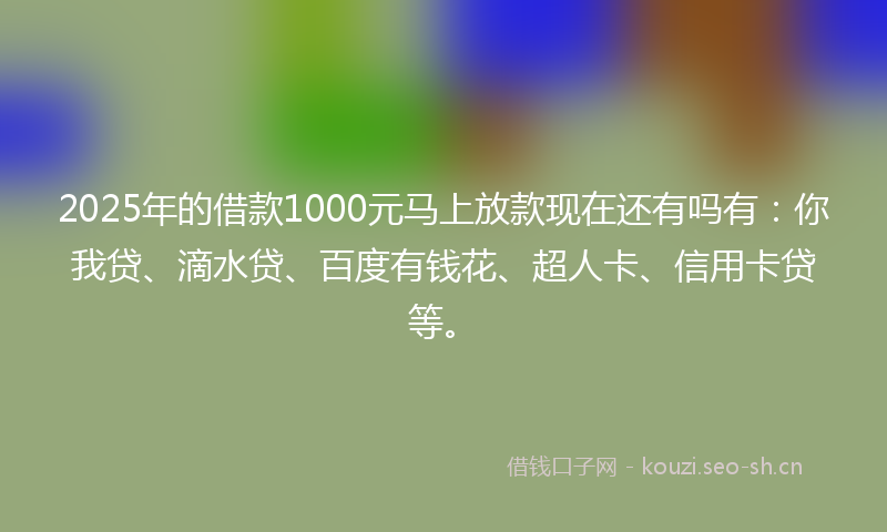 2025年的借款1000元马上放款现在还有吗有：你我贷、滴水贷、百度有钱花、超人卡、信用卡贷等。