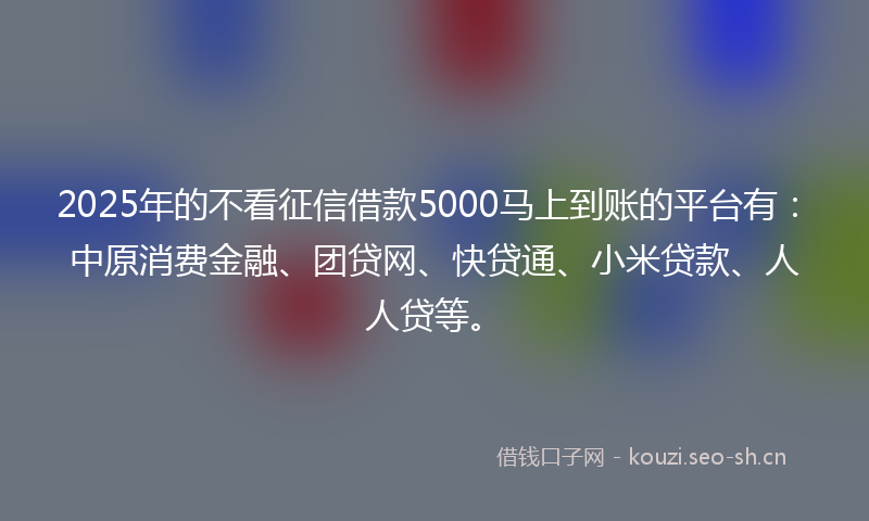 2025年的不看征信借款5000马上到账的平台有:中原消费金融、团贷网、快贷通、小米贷款、人人贷等。