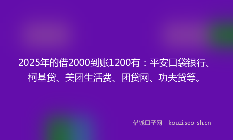 2025年的借2000到账1200有：平安口袋银行、柯基贷、美团生活费、团贷网、功夫贷等。
