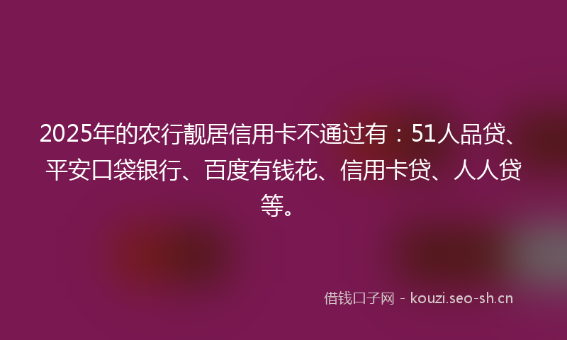 2025年的农行靓居信用卡不通过有：51人品贷、平安口袋银行、百度有钱花、信用卡贷、人人贷等。