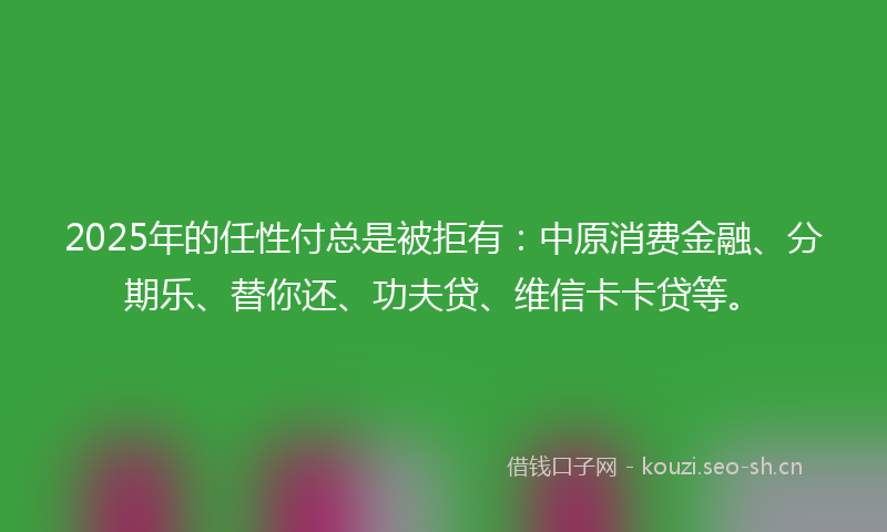 2025年的任性付总是被拒有：中原消费金融、分期乐、替你还、功夫贷、维信卡卡贷等。