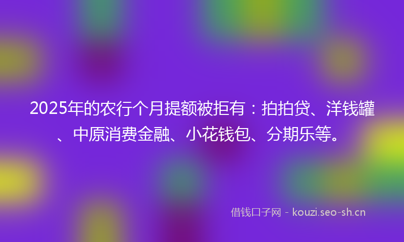 2025年的农行个月提额被拒有：拍拍贷、洋钱罐、中原消费金融、小花钱包、分期乐等。