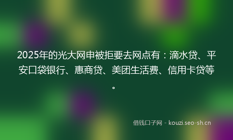 2025年的光大网申被拒要去网点有：滴水贷、平安口袋银行、惠商贷、美团生活费、信用卡贷等。