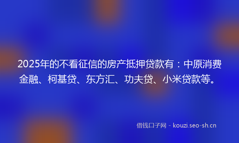 2025年的不看征信的房产抵押贷款有：中原消费金融、柯基贷、东方汇、功夫贷、小米贷款等。