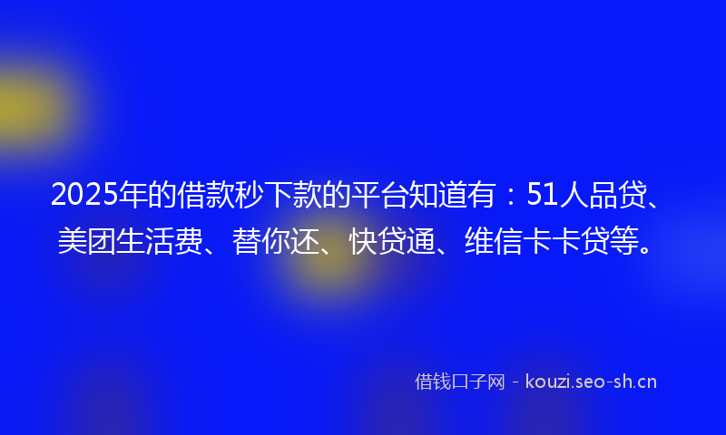2025年的借款秒下款的平台知道有:51人品贷、美团生活费、替你还、快贷通、维信卡卡贷等。