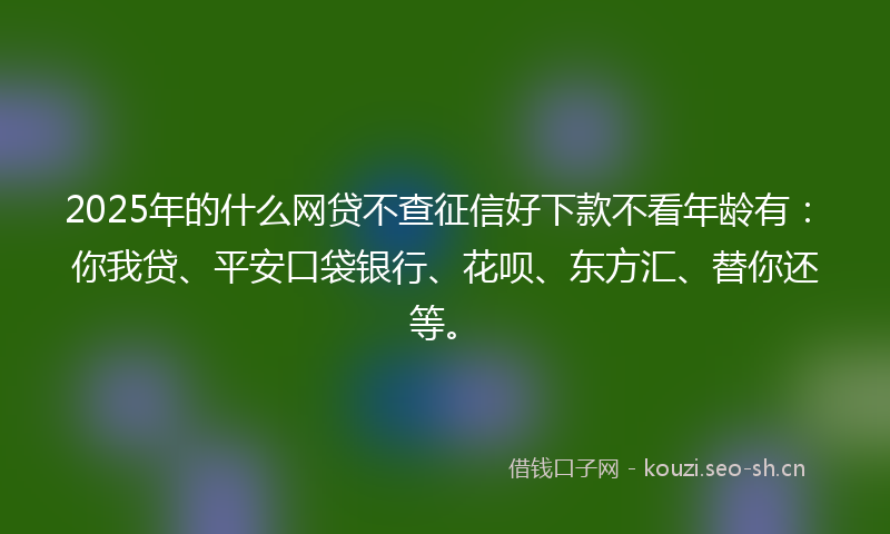 2025年的什么网贷不查征信好下款不看年龄有：你我贷、平安口袋银行、花呗、东方汇、替你还等。