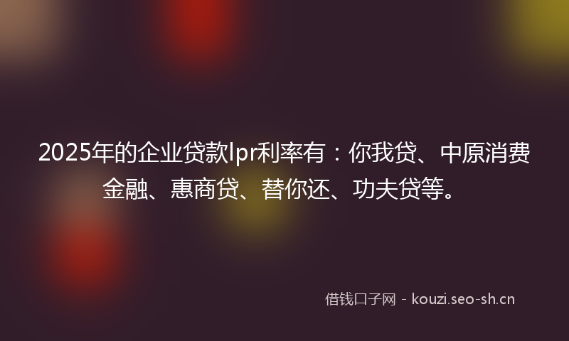 2025年的企业贷款lpr利率有：你我贷、中原消费金融、惠商贷、替你还、功夫贷等。