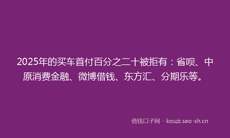 2025年的买车首付百分之二十被拒有：省呗、中原消费金融、微博借钱、东方汇、分期乐等。