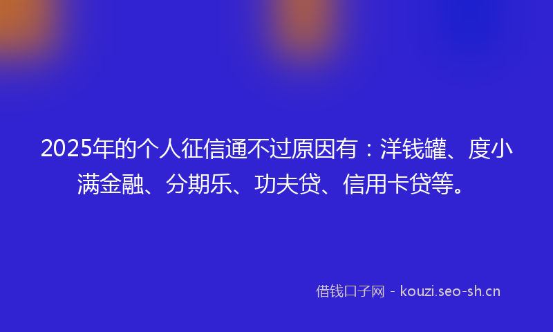 2025年的个人征信通不过原因有：洋钱罐、度小满金融、分期乐、功夫贷、信用卡贷等。