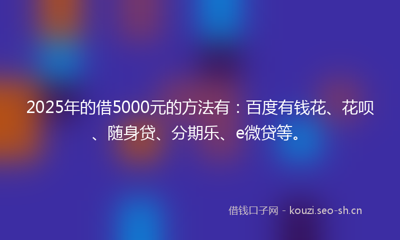 2025年的借5000元的方法有：百度有钱花、花呗、随身贷、分期乐、e微贷等。