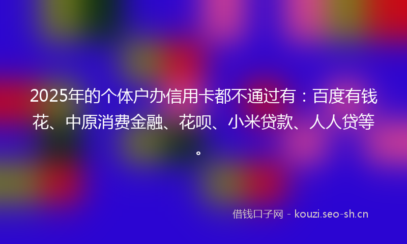 2025年的个体户办信用卡都不通过有：百度有钱花、中原消费金融、花呗、小米贷款、人人贷等。