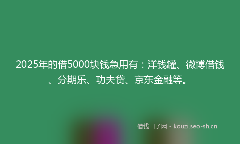 2025年的借5000块钱急用有：洋钱罐、微博借钱、分期乐、功夫贷、京东金融等。