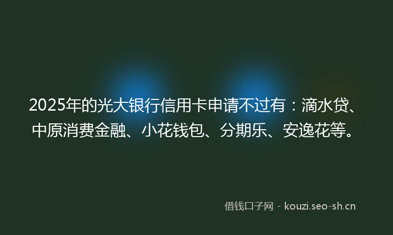 2025年的光大银行信用卡申请不过有:滴水贷、中原消费金融、小花钱包、分期乐、安逸花等。