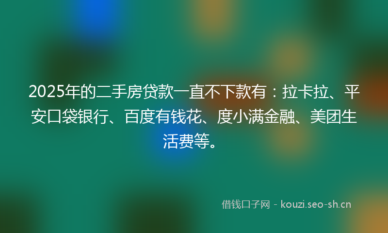 2025年的二手房贷款一直不下款有：拉卡拉、平安口袋银行、百度有钱花、度小满金融、美团生活费等。