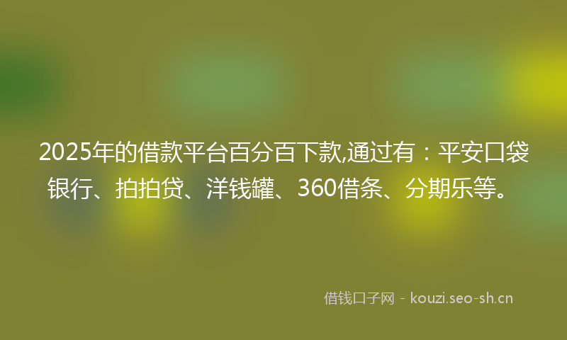 2025年的借款平台百分百下款,通过有：平安口袋银行、拍拍贷、洋钱罐、360借条、分期乐等。
