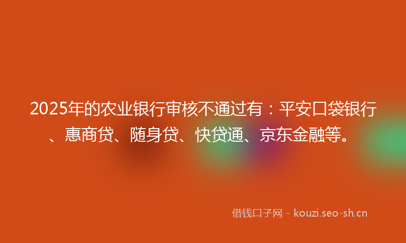 2025年的农业银行审核不通过有：平安口袋银行、惠商贷、随身贷、快贷通、京东金融等。