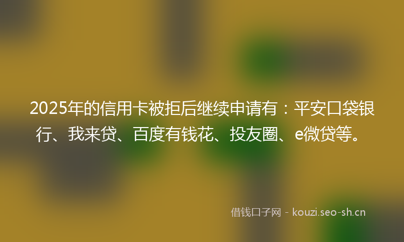 2025年的信用卡被拒后继续申请有：平安口袋银行、我来贷、百度有钱花、投友圈、e微贷等。