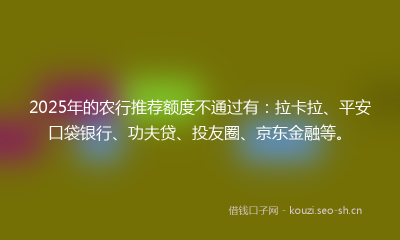 2025年的农行推荐额度不通过有：拉卡拉、平安口袋银行、功夫贷、投友圈、京东金融等。