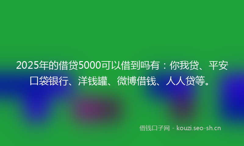 2025年的借贷5000可以借到吗有:你我贷、平安口袋银行、洋钱罐、微博借钱、人人贷等。