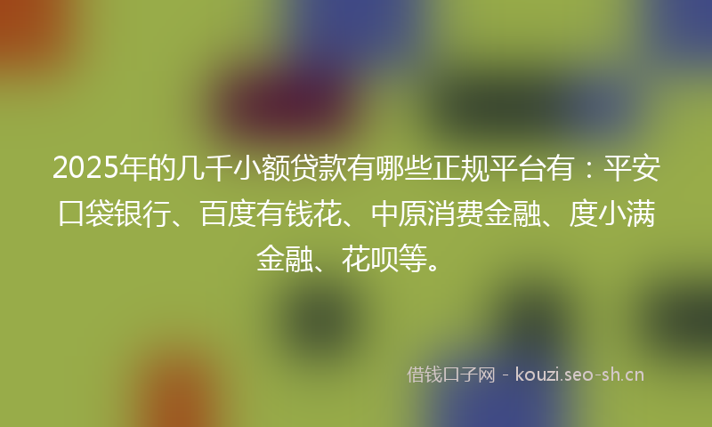 2025年的几千小额贷款有哪些正规平台有：平安口袋银行、百度有钱花、中原消费金融、度小满金融、花呗等。