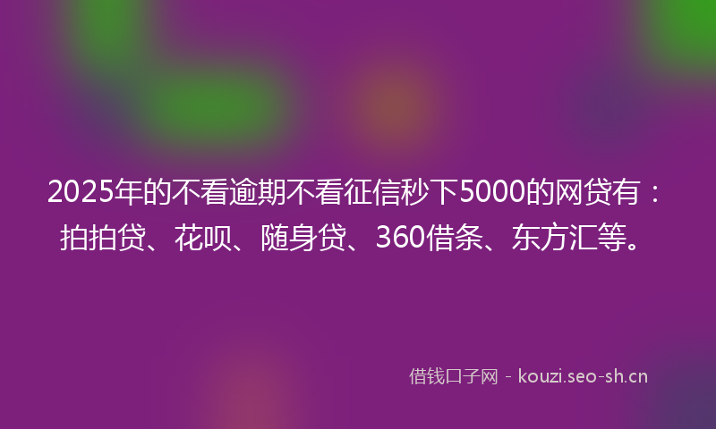 2025年的不看逾期不看征信秒下5000的网贷有:拍拍贷、花呗、随身贷、360借条、东方汇等。