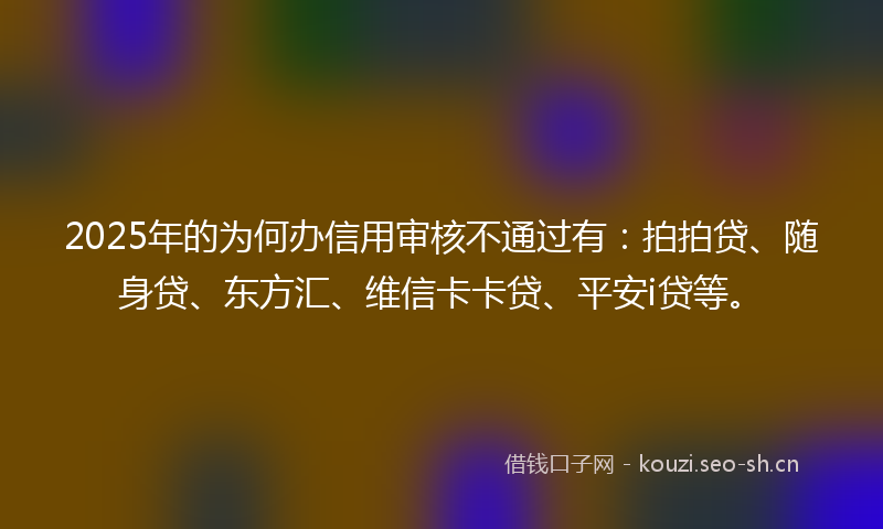 2025年的为何办信用审核不通过有：拍拍贷、随身贷、东方汇、维信卡卡贷、平安i贷等。