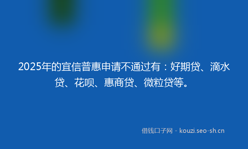 2025年的宜信普惠申请不通过有：好期贷、滴水贷、花呗、惠商贷、微粒贷等。