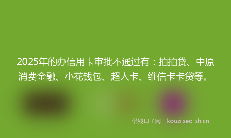 2025年的办信用卡审批不通过有：拍拍贷、中原消费金融、小花钱包、超人卡、维信卡卡贷等。