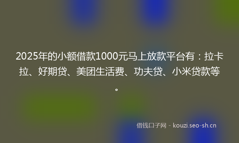 2025年的小额借款1000元马上放款平台有：拉卡拉、好期贷、美团生活费、功夫贷、小米贷款等。