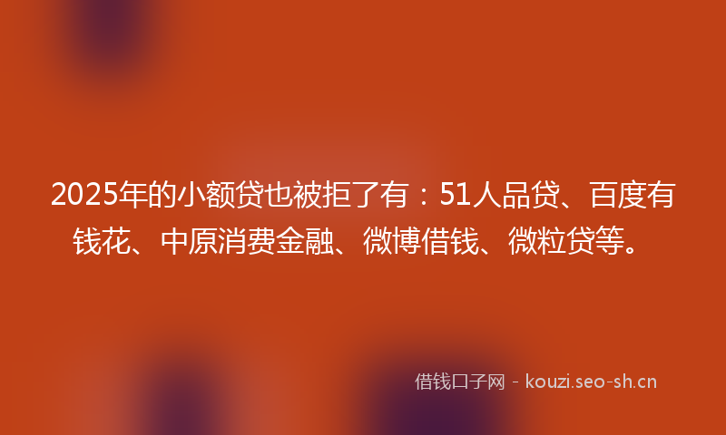 2025年的小额贷也被拒了有:51人品贷、百度有钱花、中原消费金融、微博借钱、微粒贷等。