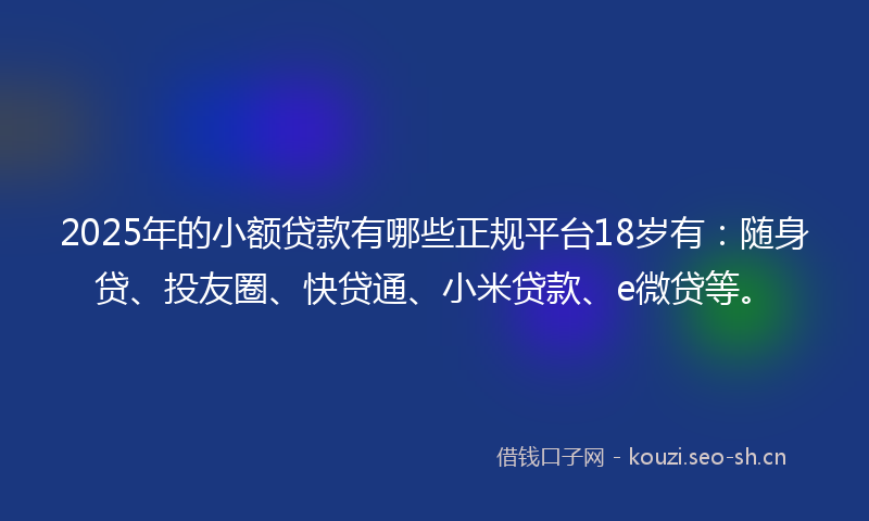 2025年的小额贷款有哪些正规平台18岁有：随身贷、投友圈、快贷通、小米贷款、e微贷等。