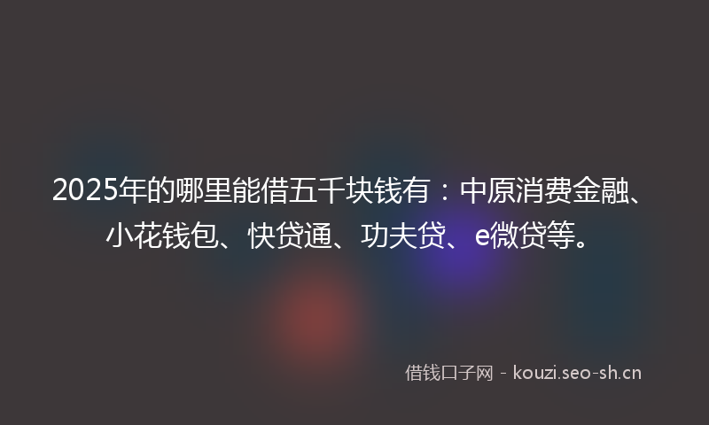 2025年的哪里能借五千块钱有:中原消费金融、小花钱包、快贷通、功夫贷、e微贷等。