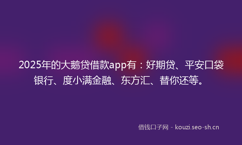 2025年的大鹅贷借款app有：好期贷、平安口袋银行、度小满金融、东方汇、替你还等。