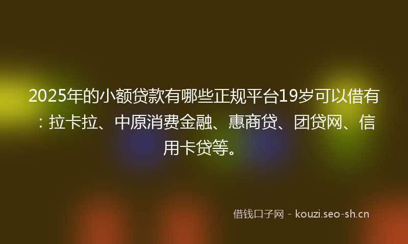 2025年的小额贷款有哪些正规平台19岁可以借有：拉卡拉、中原消费金融、惠商贷、团贷网、信用卡贷等。