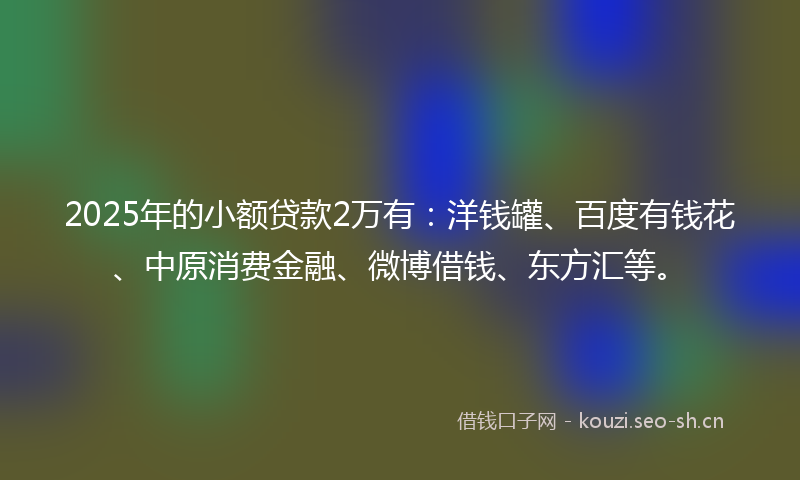 2025年的小额贷款2万有：洋钱罐、百度有钱花、中原消费金融、微博借钱、东方汇等。