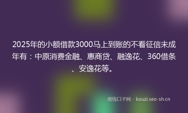 2025年的小额借款3000马上到账的不看征信未成年有：中原消费金融、惠商贷、融逸花、360借条、安逸花等。