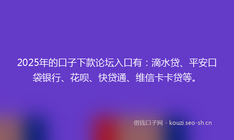 2025年的口子下款论坛入口有:滴水贷、平安口袋银行、花呗、快贷通、维信卡卡贷等。
